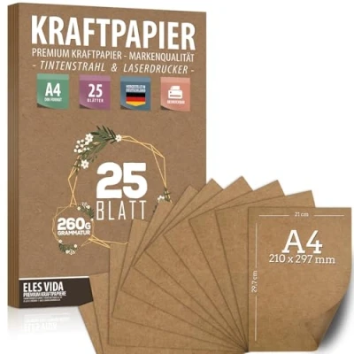 Abbildung von 25 Blatt Kraftpapier A4 Set 260 g 21 x 29,7 cm DIN Format Bastelpapier &amp; Naturkarton Pappe Blätter aus Kraftkarton zum Drucken, Kartonpapier Basteln für Vintage Hochzeit Geschenke Etiketten