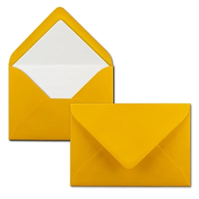 Abbildung von 25 Briefumschläge Goldgelb (Gelb, Matt) DIN C6 gefüttert mit weißem Seidenpapier 100 g/m² 11,4 x 16,2 cm Nassklebung NEUSER PAPIER