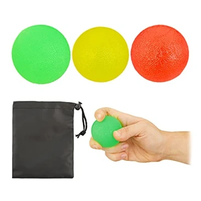 Abbildung von Relaxdays Fingertrainer Ball im 3er Set, Quetschbälle für Handtraining &amp; Stressabbau, Schnürbeutel, 5cm Ø, gelb/rot/grün