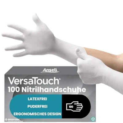 Abbildung von Ansell VersaTouch 92 205 Latexfreie Einweghandschuhe, Lebensmittel Handschuhe Puderfrei, Einmalhandschuhe Weiß, Chemikalien Schutzhandschuhe, Nitrilhandschuhe S (100 Stück)