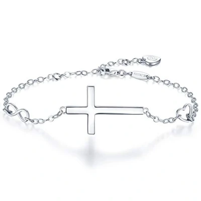 Abbildung von BlingGem Damen Armband aus Weißgold vergoldet 925 Sterling Silber Kreuz Bettelarmband Symbol Armkette Frauen Kette Einstellbar