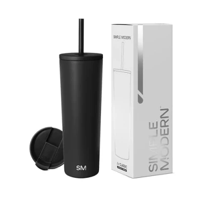 Abbildung von Simple Modern Isolierter Becher mit Strohhalm und Deckel EiskaffeeBecher Wiederverwendbare EdelstahlWasserflasche Thermobecher Classic Sammlung 830ml Midnight Black