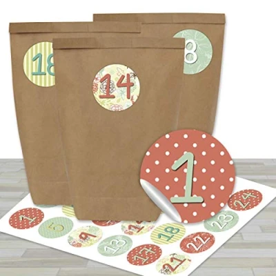 Abbildung von Papierdrachen Adventskalender zum Befüllen mit 24 braunen Papiertüten und dezenten Aufklebern Selbermachen Basteln Mini Set Nr Weihnachtskalender für Kinder