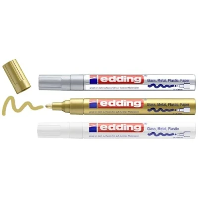 Abbildung von edding 750 Glanzlackmarker weiß, gold, silber (metallic) 3er Set Lackmarker Rundspitze 2 4 mm Lackstift für Glas, Stein, Holz, Kunststoff und Papier wasserfest, stark deckend