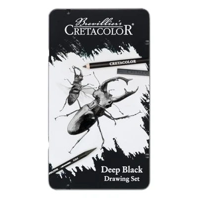 Abbildung von CRETACOLOR Deep Black, Drawing Set, Tiefschwarzes Zeichen und Skizzierset, 10 teilig, Nicht giftig, hochpigmentiert, inkl. Radiergummi Papierwischer, geeignet für Künstler Anfänger