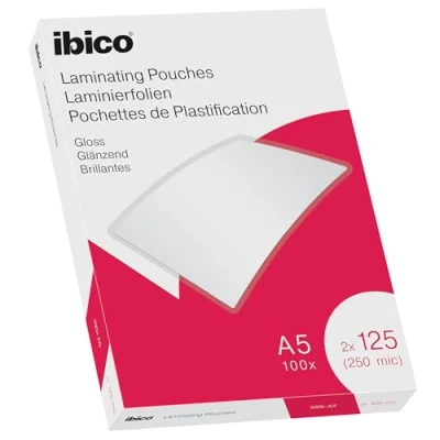 Abbildung von Ibico Laminierfolien A5 250 Mikron (2 x 125 mic), 100 Stück, Glänzende Heißlaminierfolien, Abgerundete Ecken, Ideal für Büro oder Schule, Transparent, Kristallklar, 627315