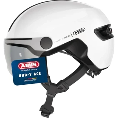 Abbildung von ABUS Stadthelm HUD Y ACE stylischer Fahrradhelm mit Visier und magnetischem, aufladbarem LED Rücklicht für Damen Herren Weiß Glänzend, Größe L
