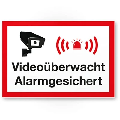 Abbildung von Komma Security Videoüberwacht Alarmgesichert Wachhunde Schild Achtung Vorsicht Videoüberwachung Hinweis Hinweisschild Warnhinweis