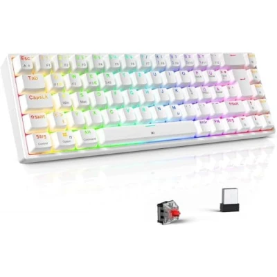 Abbildung von TECURS Gaming Tastatur RGB Mechanische Kabellos Bluetooth/2.4G/Mit Kabel, 65% QWERTZ Gamer mit Rote Schalter für PC/Laptop/PS4/PS5, Weiß