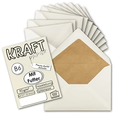 Abbildung von 25x gefütterte Vintage Umschläge DIN B6 125 x 176 mm Naturweiß 90 g/m² Seidenfutter braun Recycling Nassklebung Spitzklappe UmWelt by GUSTAV NEUSER