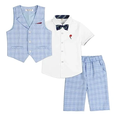 Abbildung von LOLANTA 4 teiliger Kinder Freizeit Anzug Set, Jungen Sommer Festlich Hochzeitsanzug, Kurzarm Hemd, Fliege, Weste, Kurze Hose, Blau kariert, 5 6 Jahre, 130