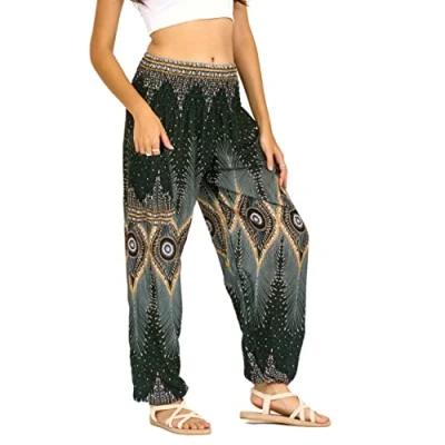 Abbildung von Lofbaz Damen Haremshose Yogahose Pumphose Hippie Hose Boho Kleidung Festival Outfit Sommerhose Leicht Sommer Hosen Floral 2 Dunkelgrün XL