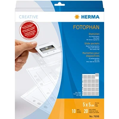 Abbildung von HERMA 7698 Diahüllen für gerahmte Dias, 10 Stück, 5x5 cm, 20 Fächer geteilt, klar/matt, beidseitig sichtbar, Fotophan Fotosichthüllen Sammelhüllen mit Eurolochung zur Dia Archivierung, transparent
