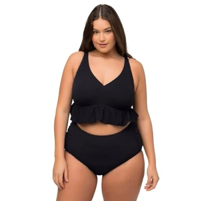 Abbildung von Ulla Popken Damen, Struktur, Rüsche, Softcus, Träger Verstellbar Bikini Set, Schwarz, 56