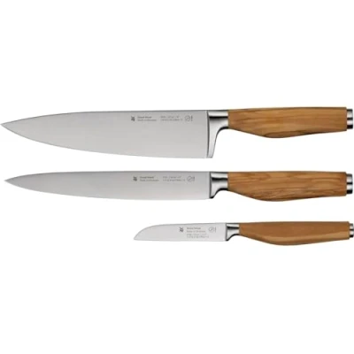 Abbildung von WMF Grand Wood Messerset 3teilig, Messer Holzgriff, Made in Germany, Olivenholzgriff, geschmiedet, Küchenmesser Spezialklingenstahl, Performance Cut, einzigartiger Griff
