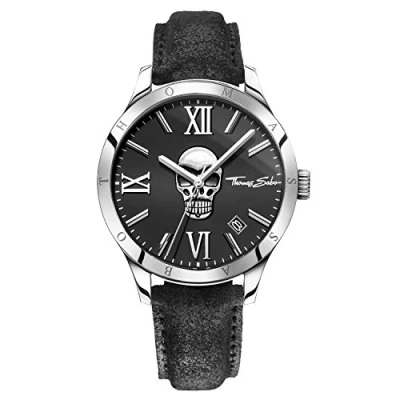 Abbildung von Thomas Sabo Herren Armbanduhr Rebel Icon Totenkopf Analog Quarz Leder WA0210 218 203 43 MM