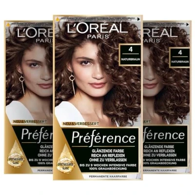 Abbildung von L&#039;Oréal Paris Permanente Haarfarbe, Haarfärbeset mit Coloration und Farbglanz Pflegebalsam, Préférence, 4 Naturbraun, 3er Set
