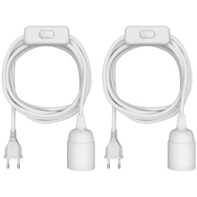 Abbildung von ledscom.de 2 Stück Textilkabel LEHA, Stecker, Schalter, weiß, 3 m, Lampen Fassung, 1x E27 max. 60W