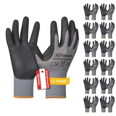 Abbildung von Gebol Master Flex Eco 12er Set Arbeitshandschuhe mit Nitril Beschichtung sicherer Griff Nitrilhandschuhe für Werkstatt &amp; Garten Damen und Herren Größe L (Gr 9) Grau 12 Paar Multipack