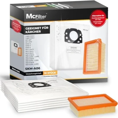 Abbildung von McFilter 10 Staubsaugerbeutel geeignet für Kärcher WD4, WD5, WD6, MV4, MV5, MV6 Mehrzwecksauger wie KFI 487 + 1x Flachfaltenfilter 4410 Beutel Typ KA 33