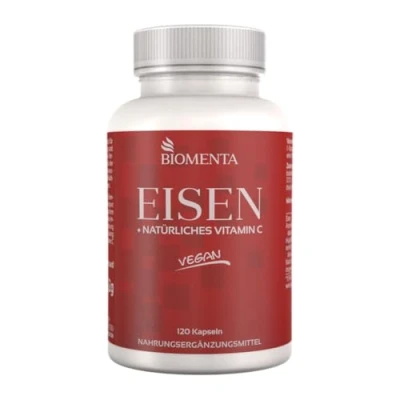 Abbildung von BIOMENTA Eisen + Natürliches Vitamin C 120 hochdosierte Eisenbisglycinat Kapseln mit Acerola Hagebutte vegan Premiumqualität