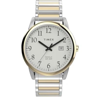 Abbildung von Timex Easy Reader Herren Armbanduhr, 40 mm, zweifarbiges, dehnbares Edelstahlarmband, weißes Zifferblatt, zweifarbiges Gehäuse TW2W52100