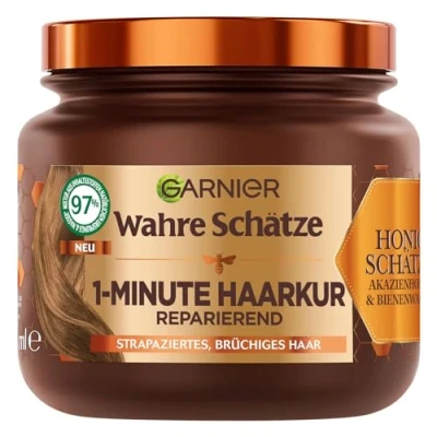 Abbildung von Garnier Wahre Schätze Reparierende 1 Minute Haarkur für brüchiges und strapaziertes Haar, Mit Akazienhonig Bienenwachs weniger Spliss Haarbruch, x 340 ml