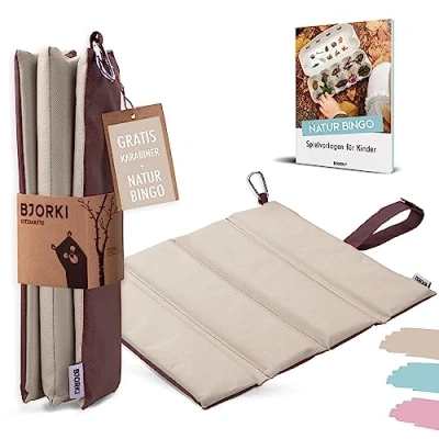 Abbildung von BJORKI® Sitzkissen Kinder Faltbares Outdoor mit optimalem Kälte und Nässeschutz Robuste Sitzunterlage Das Thermo für Wandern, Stadion unterwegs (Pastell Beige)