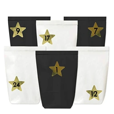 Abbildung von Papierdrachen Adventskalender zum Befüllen 24 Papiertüten in schwarz und weiß sowie Zahlenaufkleber (goldene Sterne) Selbermachen Mini Set 54 Weihnachten