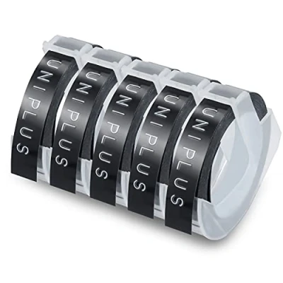 Abbildung von UniPlus 5x Kompatibel 3D Prägeband als Ersatz für Dymo Embossing Prägeetiketten Weiß auf Schwarz Omega S0717930 Junior Motex E101 E303 Embosser, Old Rotex Embosser Prägegerät, 9mm x 3m