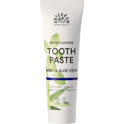Abbildung von Urtekram Zahnpasta mit Minze und Aloe Vera Frische Fluoridschutz Bio vegane natürliche Inhaltsstoffe Dental, 75 ml (1er Pack)
