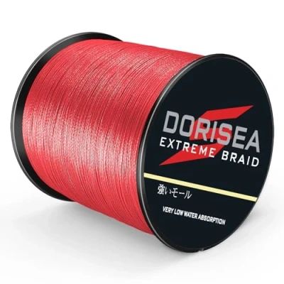 Abbildung von Dorisea Extreme Braid geflochtene Angelschnur, 100 % PE, 1000 m, 2,7227 kg getestet, abriebfest, unglaubliche Superline, kein Dehnen, kleiner Durchmesser, Rot, 45,4 kg/0,55 mm