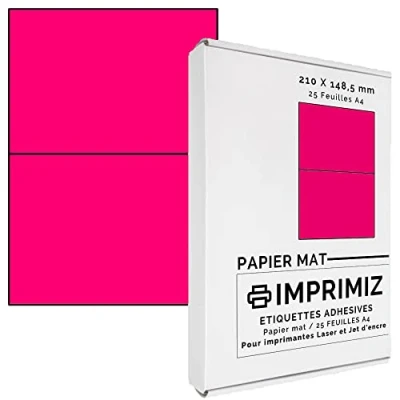 Abbildung von 50 selbstklebende Etiketten Neonpink von 148,5 x 210 mm 2 Etiketten/Blatt 25 Blatt A4 / Papier matt Farbe Für Inkjet/Laser/Kopier Drucker farbig