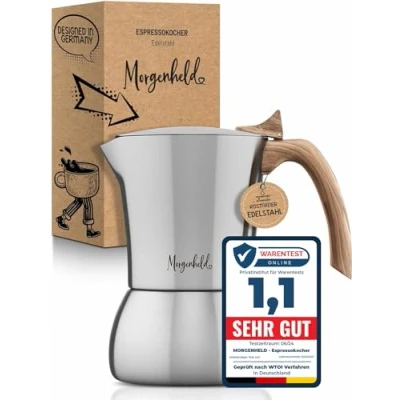 Abbildung von Morgenheld Premium Edelstahl Espressokocher klein für 4 Tassen 200 ml Espressokanne induktionsgeeignet Espressomaker Induktion Espressomaschine Mokkakocher Induktionsherd Gasherd Mokkakanne