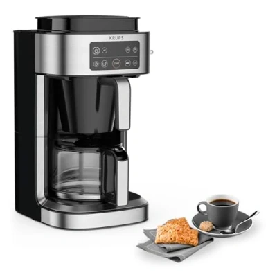 Abbildung von Krups KM760D Aroma Partner Filterkaffeemaschine herausnehmbare, luftdichte Kaffee Vorratsbox präzise Portionierung mit Dosierhebel für 2 10 Tassen 1,25 Liter Kapazität schwarz/silber