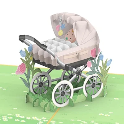 Abbildung von papercrush® Pop Up Karte Geburt Kinderwagen Neutrale 3D Geburtskarte für Mädchen &amp; Jungen, Glückwunsch zum Baby, Glückwunschkarte oder Geldgeschenk zur Geburt, Handgemachte Babykarte