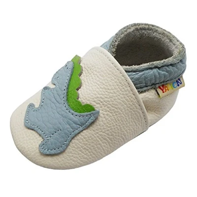 Abbildung von YALION Premium Weich Leder Babyschuhe Krabbelschuhe Lauflernschuhe Hausschuhe mit Dinosaurier Weiß, EU 24/25=XL