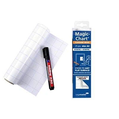 Abbildung von Legamaster Magic Chart Flipchart Notes statisch selbsthaftend weiß mit Raster inkl. 1 Permanentmarker 25 DIN A4 Blätter