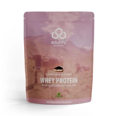 Abbildung von edubily nutrition® Whey Protein Konzentrat Sehr gut lösliches Pulver aus zertifizierter Bio Milch Ohne Zucker (750 g, Blueberry Cheesecake)