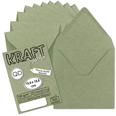 Abbildung von 50x Vintage Umschläge quadratisch aus grünem Kraftpapier nachhaltig 15,5 x cm Nassklebung Spitzklappe NEUSER PAPIER
