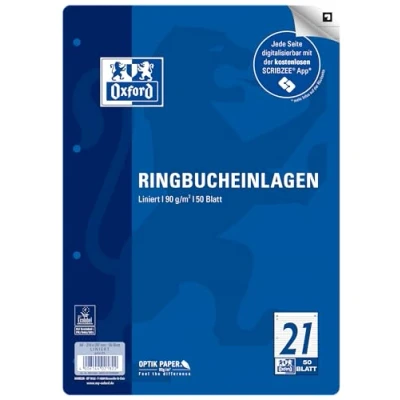 Abbildung von Oxford Ringbucheinlagen A4 liniert, Lineatur 21 ohne Rand, 50 Blatt