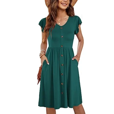 Abbildung von MOLERANI Freizeitkleider Damen Sommer Rüschen Ärmel V Ausschnitt Casual Locker Swing Elastische Taille Midi Kleid mit Taschen Dunkelgrün XL