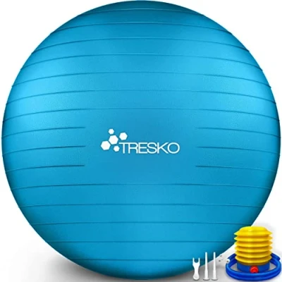 Abbildung von TRESKO Gymnastikball mit GRATIS Übungsposter inkl. Luftpumpe Yogaball BPA Frei Sitzball Büro Anti Burst 300 kg,Blau,75cm (für Körpergröße 175 185cm)