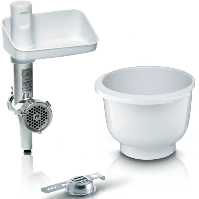 Abbildung von Bosch Zubehör Set BakingSensation MUZ5BS1, Fleischwolf, Kunststoffschüssel, Spritzgebäck Vorsatz, Edelstahl Loch Scheibe, 4 Gebäckvarianten, passend für MUM5 Küchenmaschine, weiß