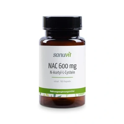 Abbildung von Sanuvit® NAC 600 mg pro Kapsel 180 Kapseln Hochdosiert N Acetyl L Cystein Hohe Bioverfügbarkeit und Verträglichkeit Vegan Hergestellt in Österreich