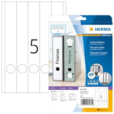 Abbildung von HERMA 5130 Ordnerrücken Etiketten lang schmal, 25 Blatt, 38 x 297 mm, 5 pro A4 Bogen, 125 Stück, selbstklebend, bedruckbar, blickdicht, blanko Papier Ordneretiketten Rückenschilder Aufkleber, weiß