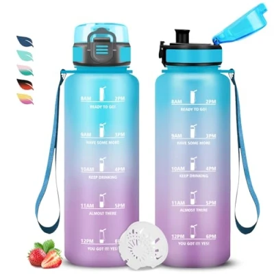 Abbildung von Trinkflasche 1.5l, Sport, Erwachsene, Auslaufsicher, mit Zeitmarkierung, Filter, Leicht zu Reinigen, Flasche für Fitness, Schule, Büro, Gym