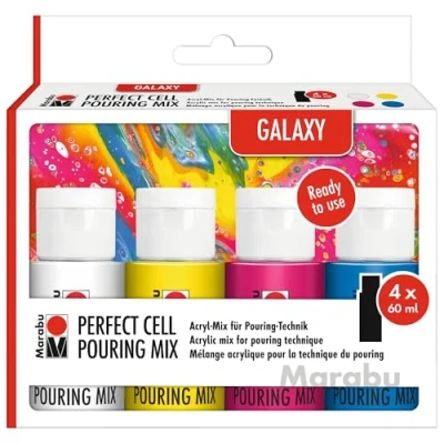 Abbildung von Marabu Perfect Cell Pouring Mix GALAXY, 4 x 60 ml Farbe, gebrauchsfertiger Acryl für Technik, wasserfest, lichtbeständig, trocknen seidenmatt auf, 1210000000300