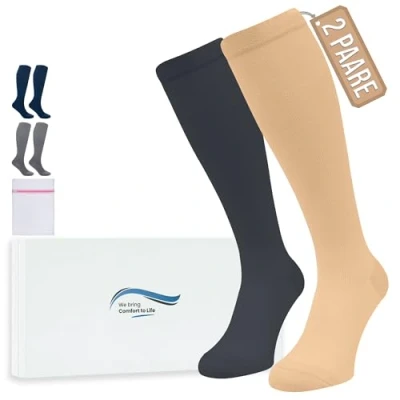 Abbildung von 360 Relief Kompressionsstrümpfe Damen und Herren 2 Paare Kompressionssocken Einfarbig für Sport, Laufen, Flug, Reise, Joggen, Radsport, Kniestrümpfe, S/M Beige&amp;Schwarz mit Wäschenetz