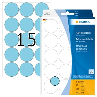 Abbildung von HERMA 2273 Punktaufkleber Klebepunkte blau, 480 Stück, Ø 32 mm, 15 pro Bogen, selbstklebend, Markierungspunkte für Kalender Planer Basteln, matt, blanko Papier Farbpunkte Aufkleber